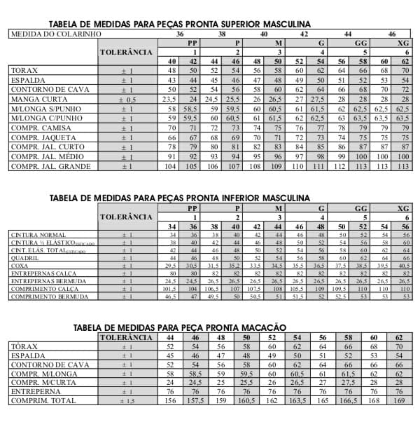 Tabela de medidas para uniformes Jaan — referência 1