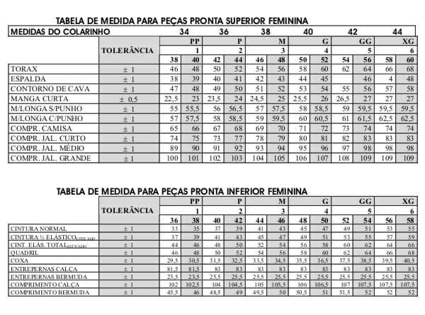 Tabela de medidas para uniformes Jaan — referência 2